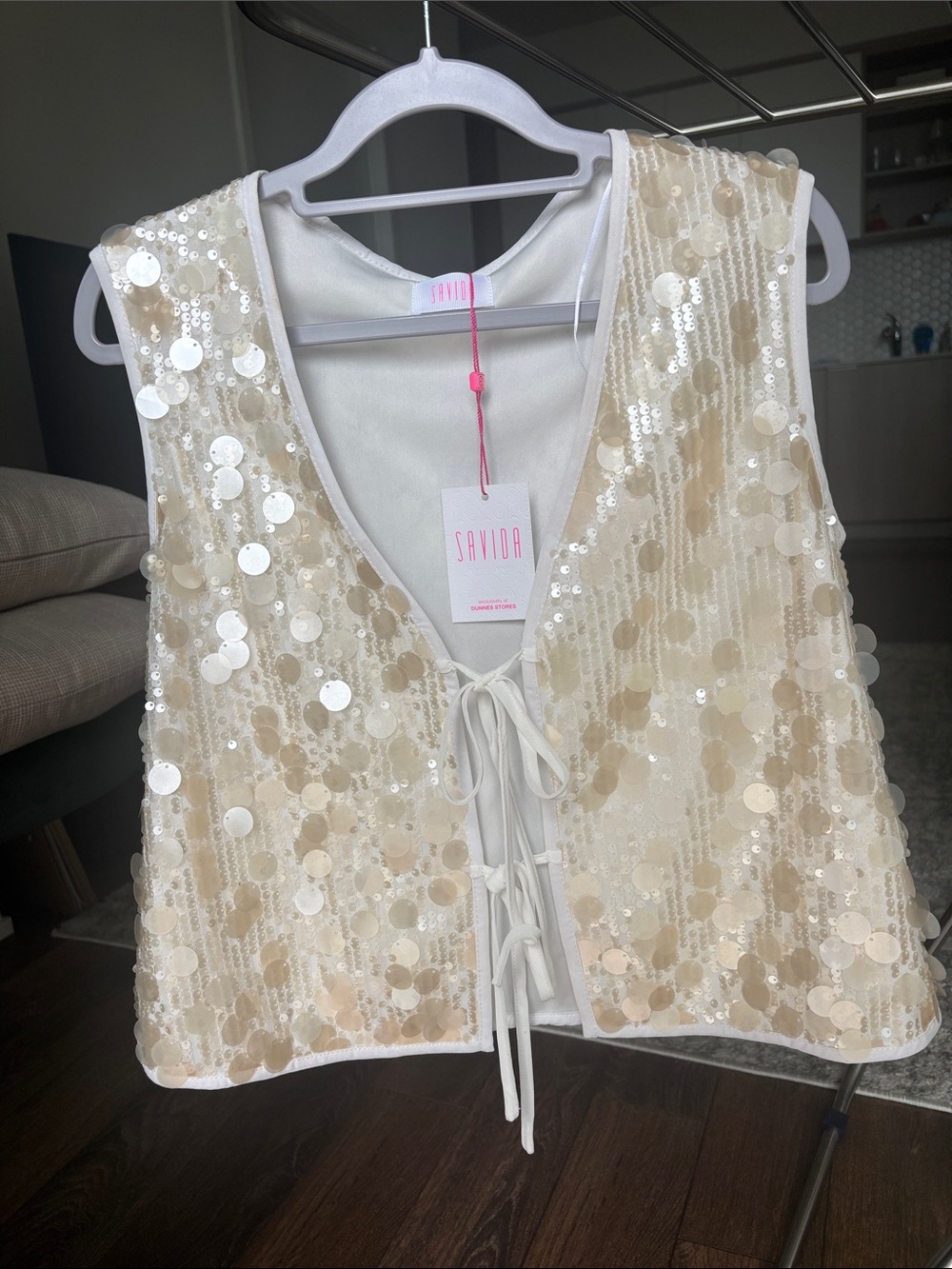 Cream Sequin Tie-Front Crop Top